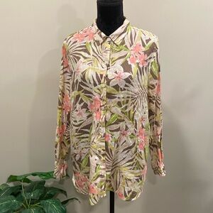 J. Jill Coral and Green Tropical Leaf Print Button-Up Blouse